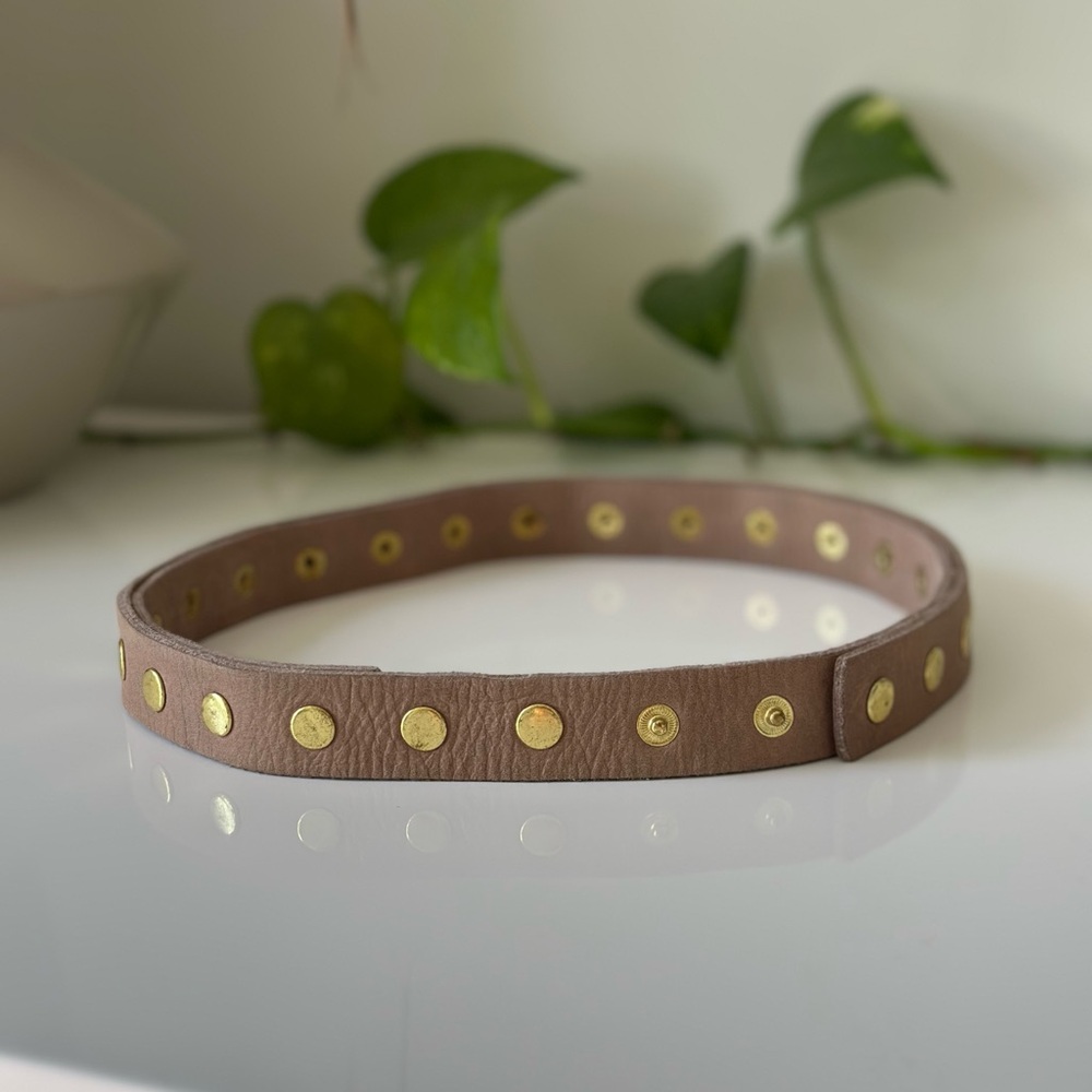 Ada ‘Cala’ Studded Skinny Leather Belt in Taupe